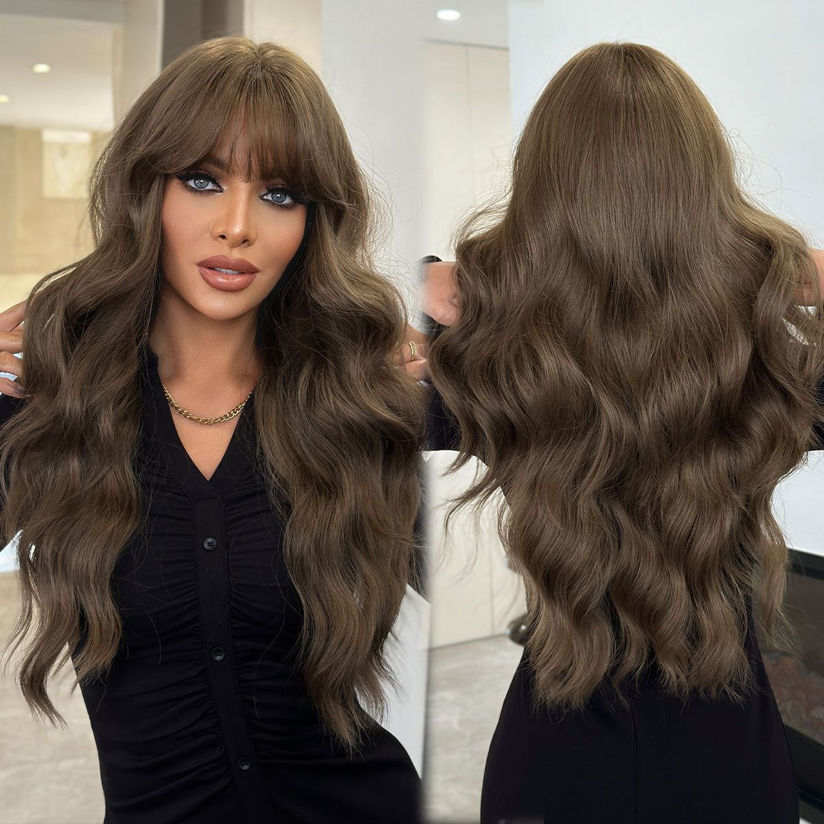 Brown Lace Front Wig – Long Wavy Synthetic Hair, Natural Look
